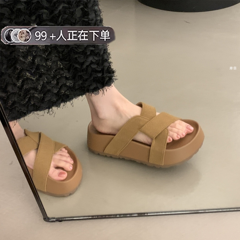 品牌真皮厚底一字勃肯凉拖鞋女夏外穿2025新款高级感时尚超火沙滩