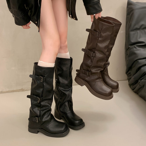 秋冬女鞋厚底粗跟骑士靴女2026新款西部牛仔翻折靴堆堆靴长1009k