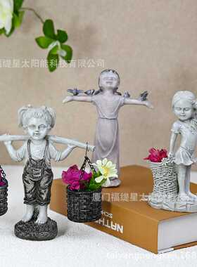 新款直销亚马逊小女孩提花蓝户外花园装饰摆件展翅女孩树脂工艺跨