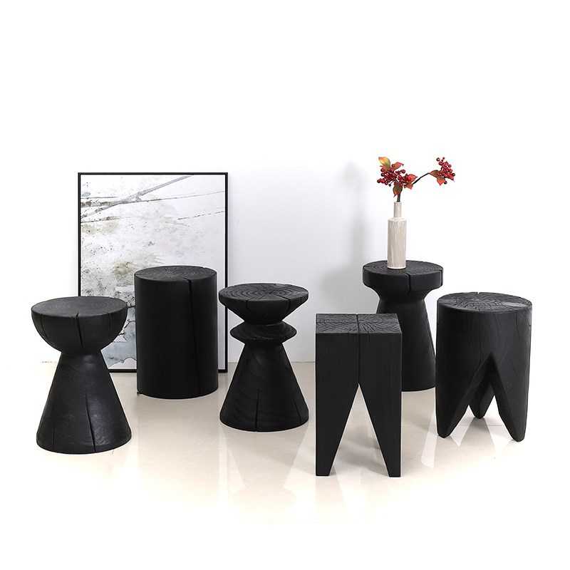 新款直销实木墩子碳化黑色原木根雕民宿木桩摆件火烧树墩圆凳复古