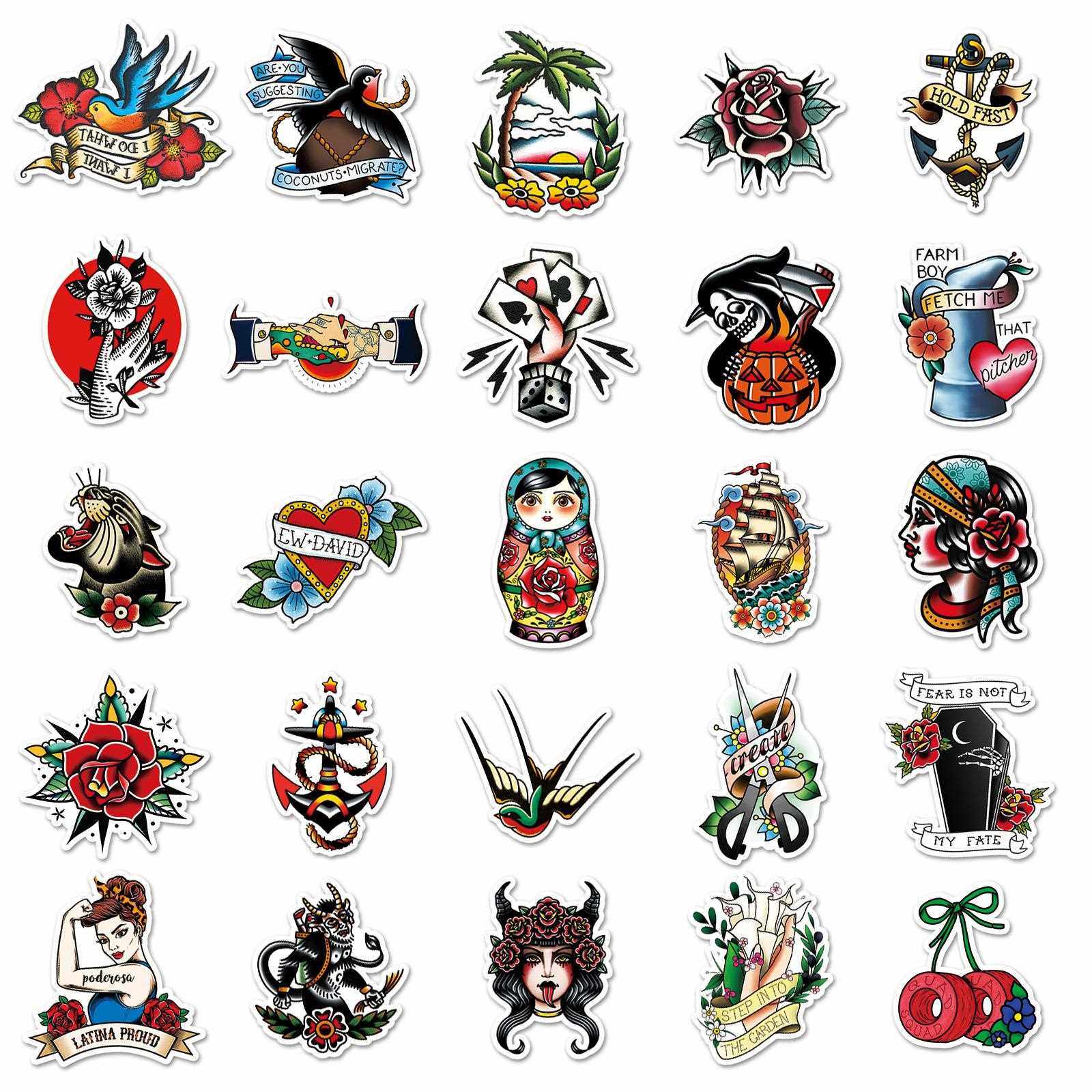 新款直销50张ins风个性纹身图案涂鸦贴纸笔记本电脑行李箱滑板车