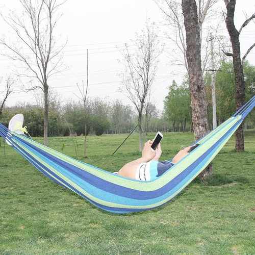 新款直销户外吊床 防侧翻弯棍帆布吊床 送同色布袋 彩条棉布吊