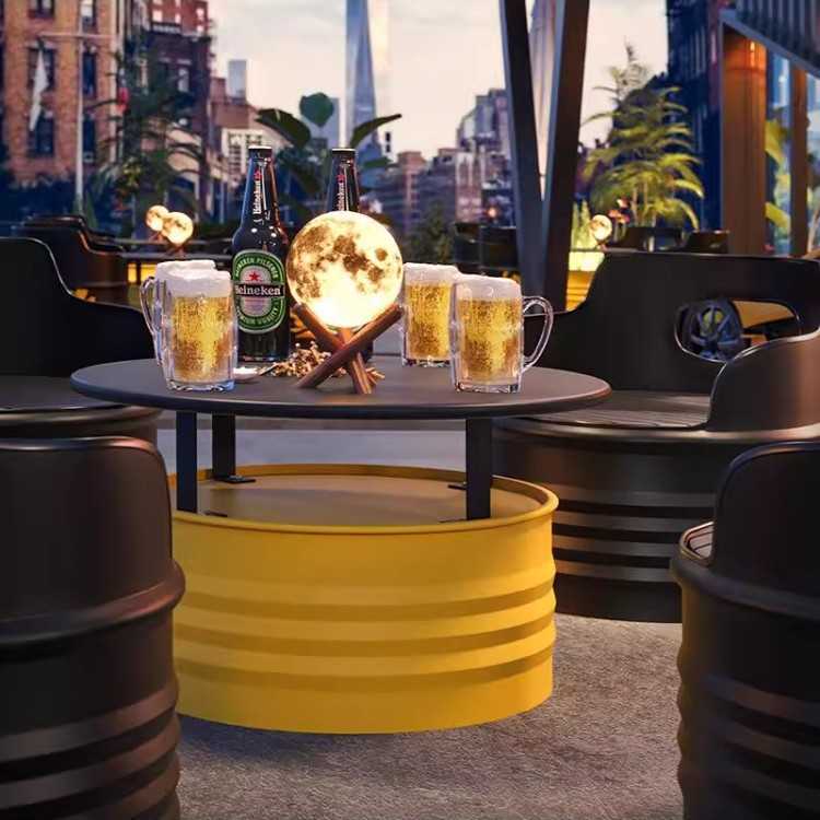 新款直销工业风油桶沙发酒吧清吧卡座奶茶店办公室休息区铁艺茶几