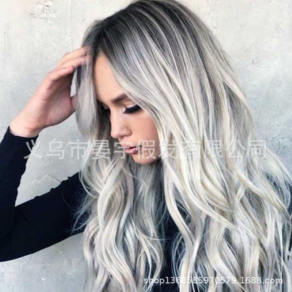 新款直销亚马逊外贸欧美黑灰染色女士长卷发中分 派对装扮头套现
