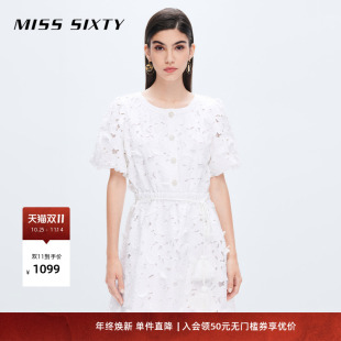 Miss 绣花流苏系带A字裙 Sixty牛仔连衣裙女白色短袖