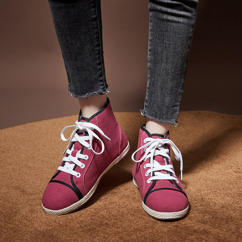 布语堂高帮系带加绒保暖棉布鞋女