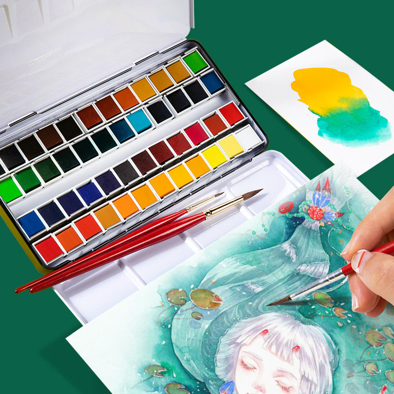 柏伦斯固体水彩颜料套装美术生专用24色初学者水彩分装铁盒小便携36色