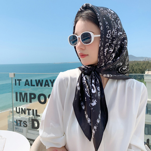 小丝巾女大方巾纱巾春秋夏季 黑色包头防晒护颈围脖子四方薄围巾90