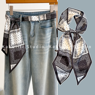 复古黑白小长条腰带丝巾女护颈围脖子搭配衬衣裙子领带发带薄围巾