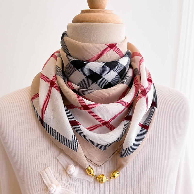 磁吸扣小方巾丝巾女格子春秋冬季护颈围脖妈妈搭配衬衫纱巾薄围巾
