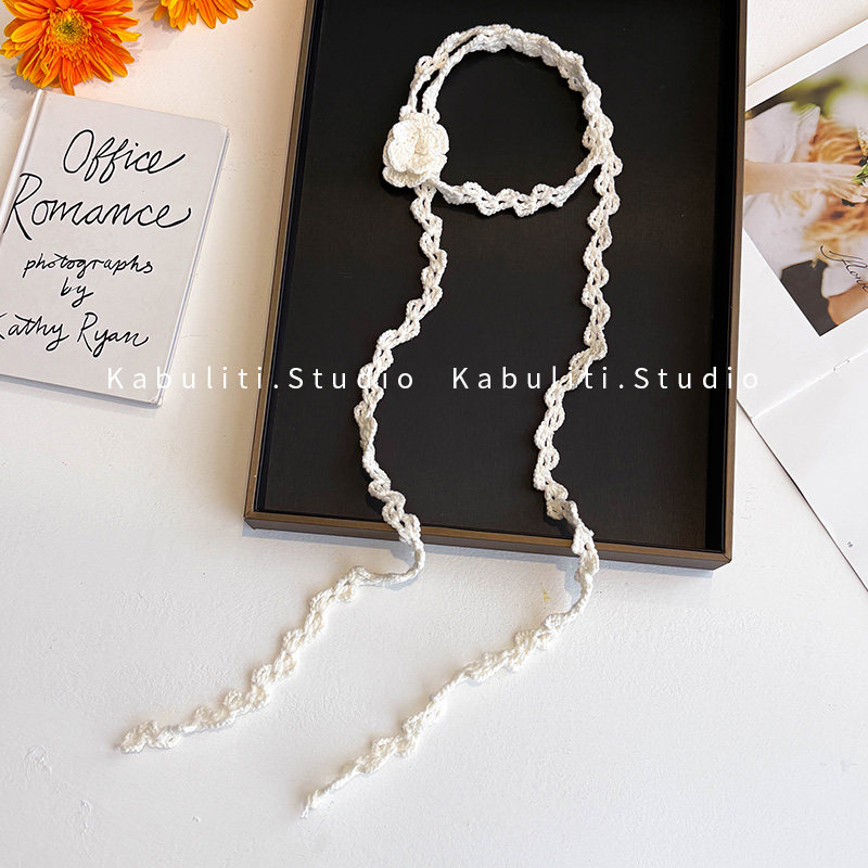 玫瑰花手工针织钩花细窄小长条围巾女春秋夏季护颈饰围脖丝巾飘带