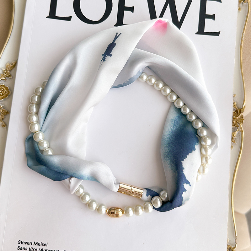 复古珍珠项链磁吸扣窄小丝巾女护颈围脖子妈妈搭配衬衫旗袍薄围巾