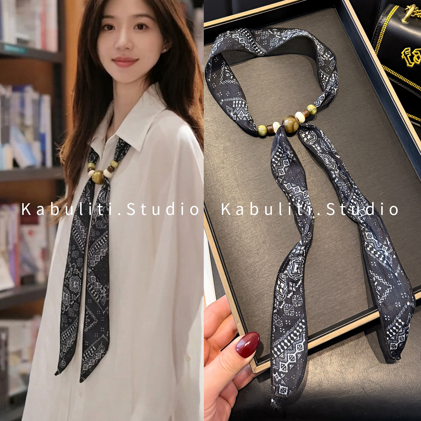 国风复古串珠小长条细窄丝巾项链女亚麻系脖配饰领巾薄围巾