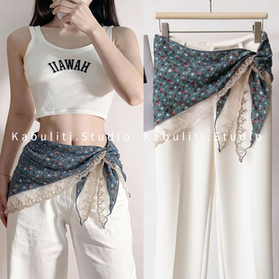 小碎花蕾丝法式大三角小丝巾女薄围巾叠穿裤裙屁帘腰带外穿半身裙