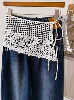 钩花镂空针织法式大三角小丝巾女叠穿屁帘腰封外穿半身裤裙薄围巾