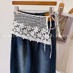 钩花镂空针织法式大三角小丝巾女叠穿屁帘腰封外穿半身裤裙薄围巾