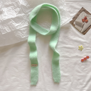 文艺少女风长条细窄针织毛线多巴胺嫩绿色小围巾女秋冬季护颈围脖