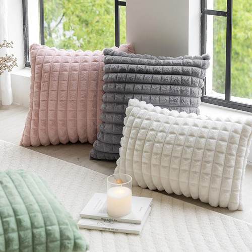 新款直销跨境方格毛绒抱枕纯色简约家居客厅沙发装饰靠枕套榻榻米