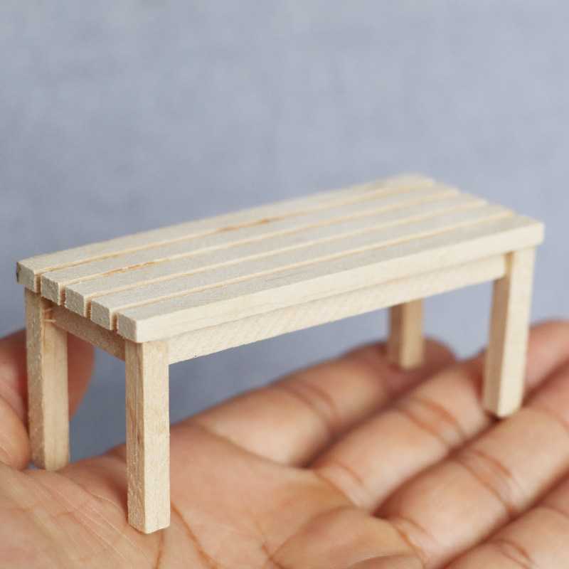 新款直销1:12娃娃屋dollhouse迷你家具素坯实木公园室外长凳子模