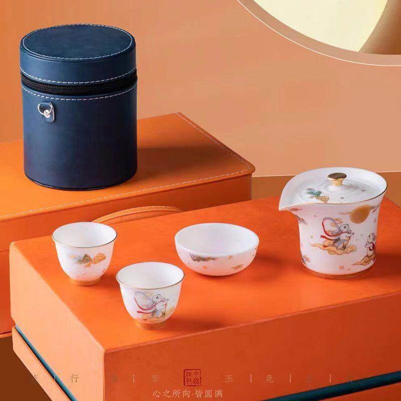 新款直销便携式旅行茶具一壶三杯陶瓷出差旅行装全套玉兔快客杯兔