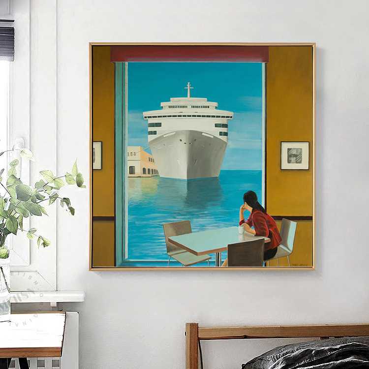 新款直销沐浴阳光~人物装饰画无框画大海挂画海景蓝色正方形壁画