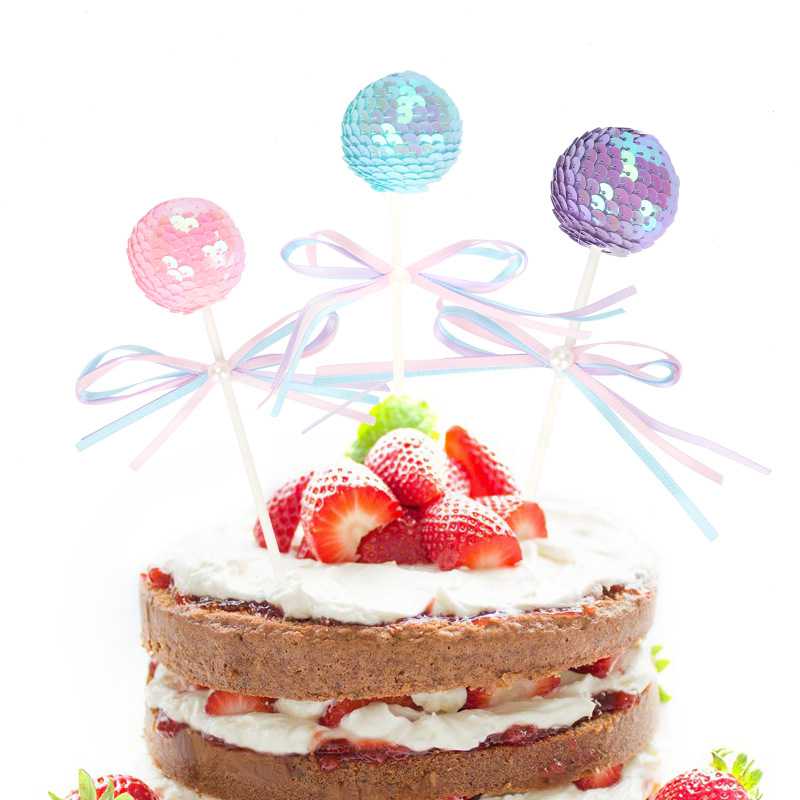 新款直销丝带蝴蝶结亮片球形蛋糕插牌插件 亮球球派对甜品台装饰