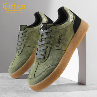 卡宾复古绿色翻毛皮板鞋2026新款春季男款百搭橡胶厚底潮牌休闲鞋