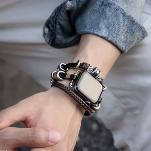 复古叠戴手镯皮带适用于Applewatch11金属拼接做旧串珠苹果全系列腕带华为GT4/5/6小米手环89/10代男女手表带