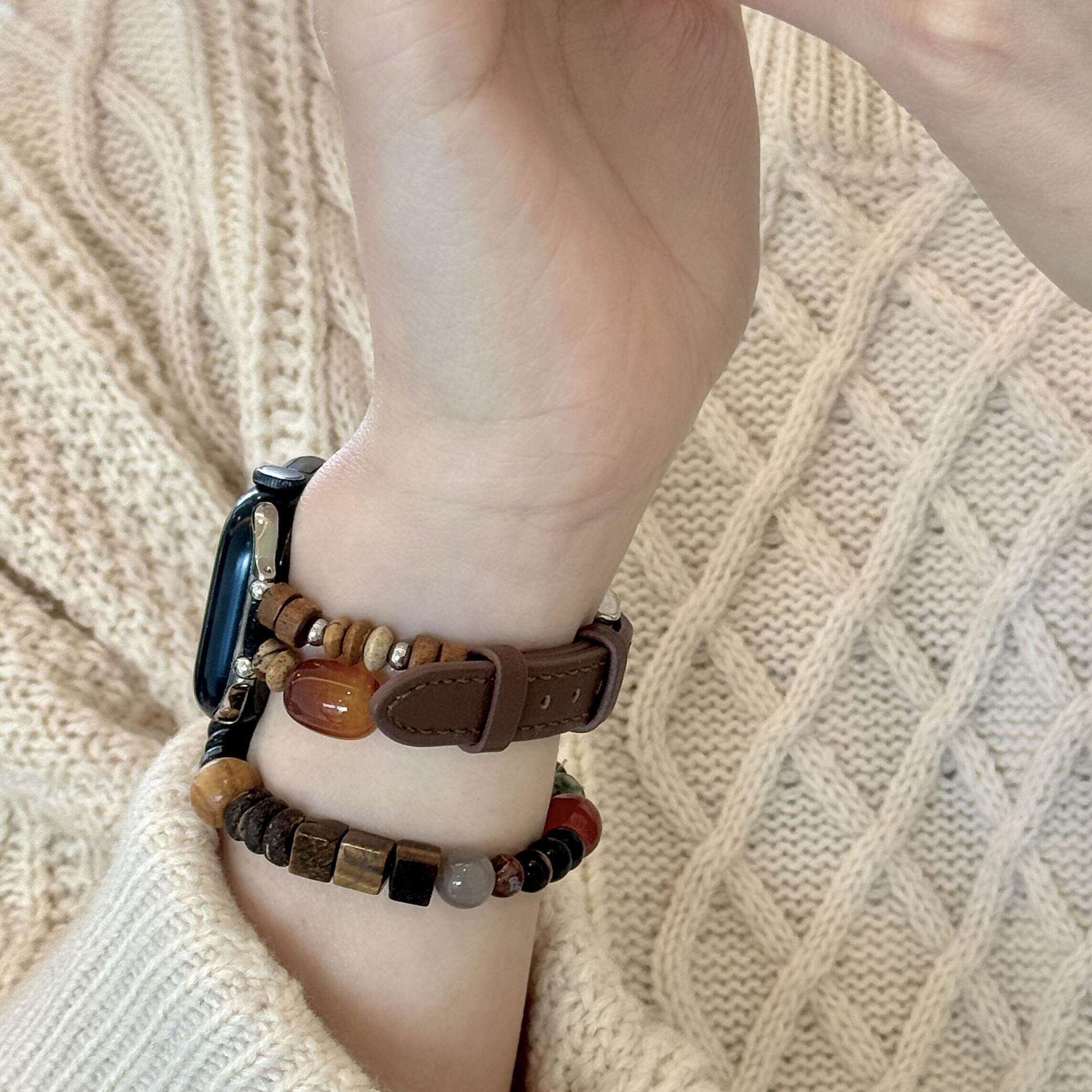 适用OPPOX2MINI民族风Sport百搭表带Watch4/3Pro颜值s10天然石applewatchse新中式男女s11串珠真皮手表腕带