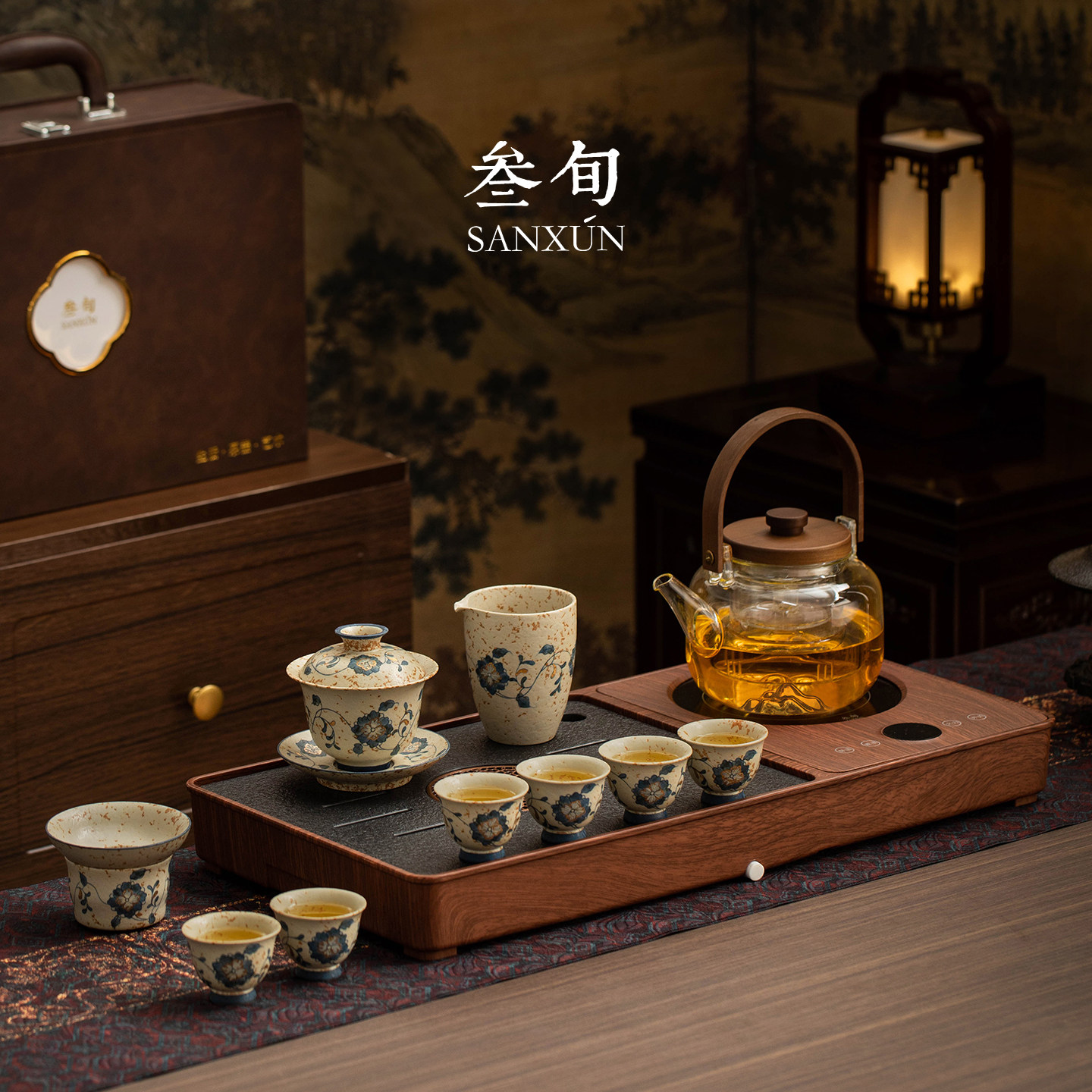 叁旬火石红描金盖碗茶具套装小型茶台烧水壶家用会客泡茶一体茶盘