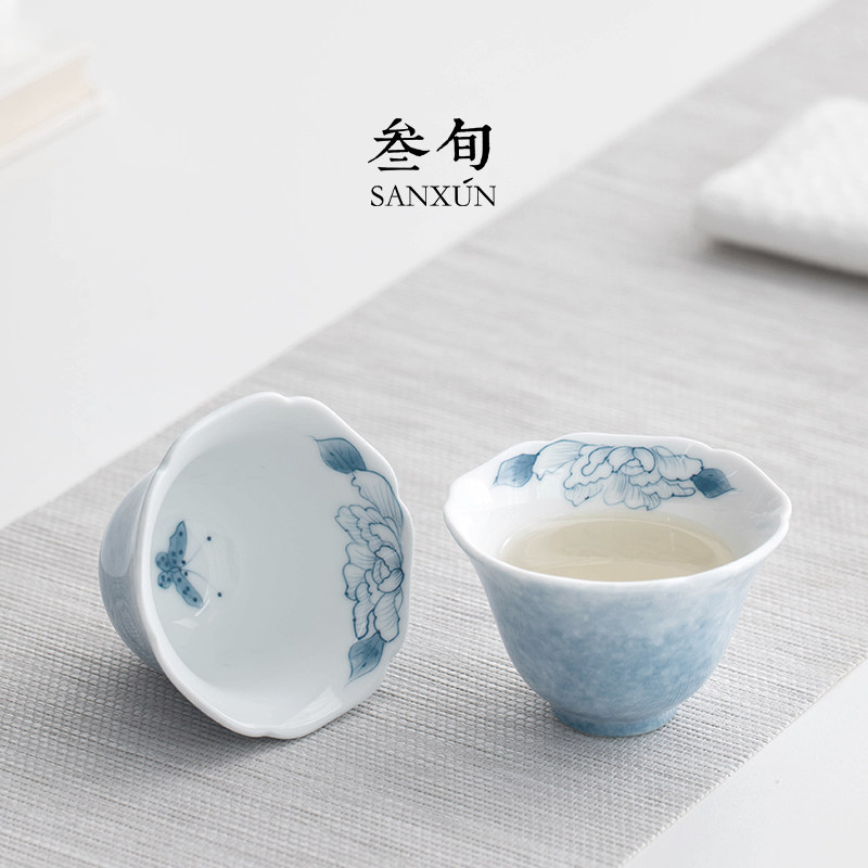叁旬手绘蝶恋花茶杯主人杯陶瓷家用茶具高档个人专用女单杯品茗杯,餐饮具,茶杯,淘宝优惠券,粉丝福利购,淘宝优惠卷