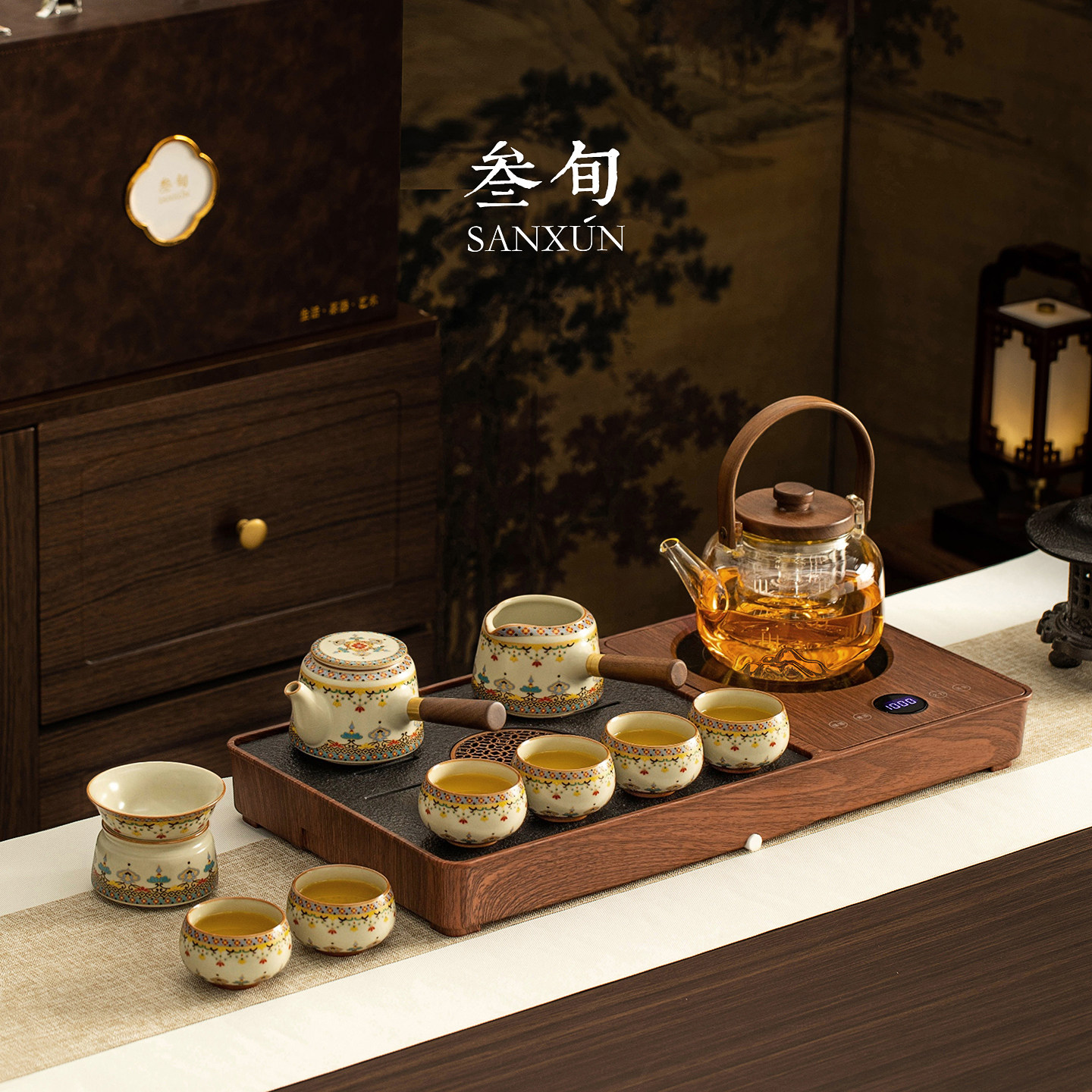 叁旬敦煌宝相花汝窑泡茶壶茶具套装煮茶小型茶台一体自动上水茶盘