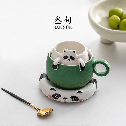 叁旬熊猫茶杯茶水分离马克杯