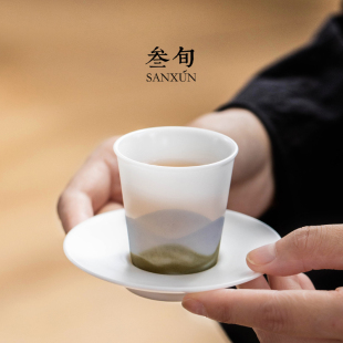 冰种玉瓷茶杯水墨山水主人杯单杯陶瓷家用高端品茗杯带杯垫 叁旬