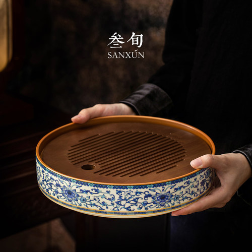 叁旬青花缠枝莲圆茶盘
