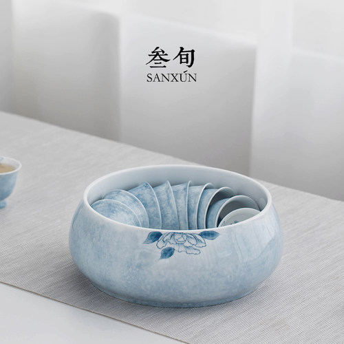 叁旬手绘蝶恋花茶洗陶瓷笔洗水盂