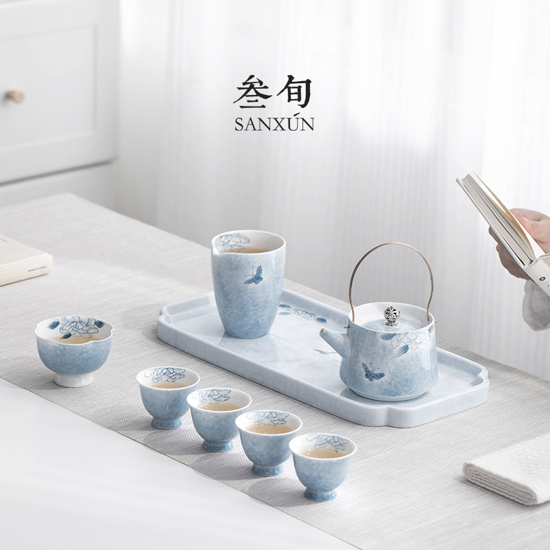 叁旬手繪蝶戀花提梁壺茶盤套裝