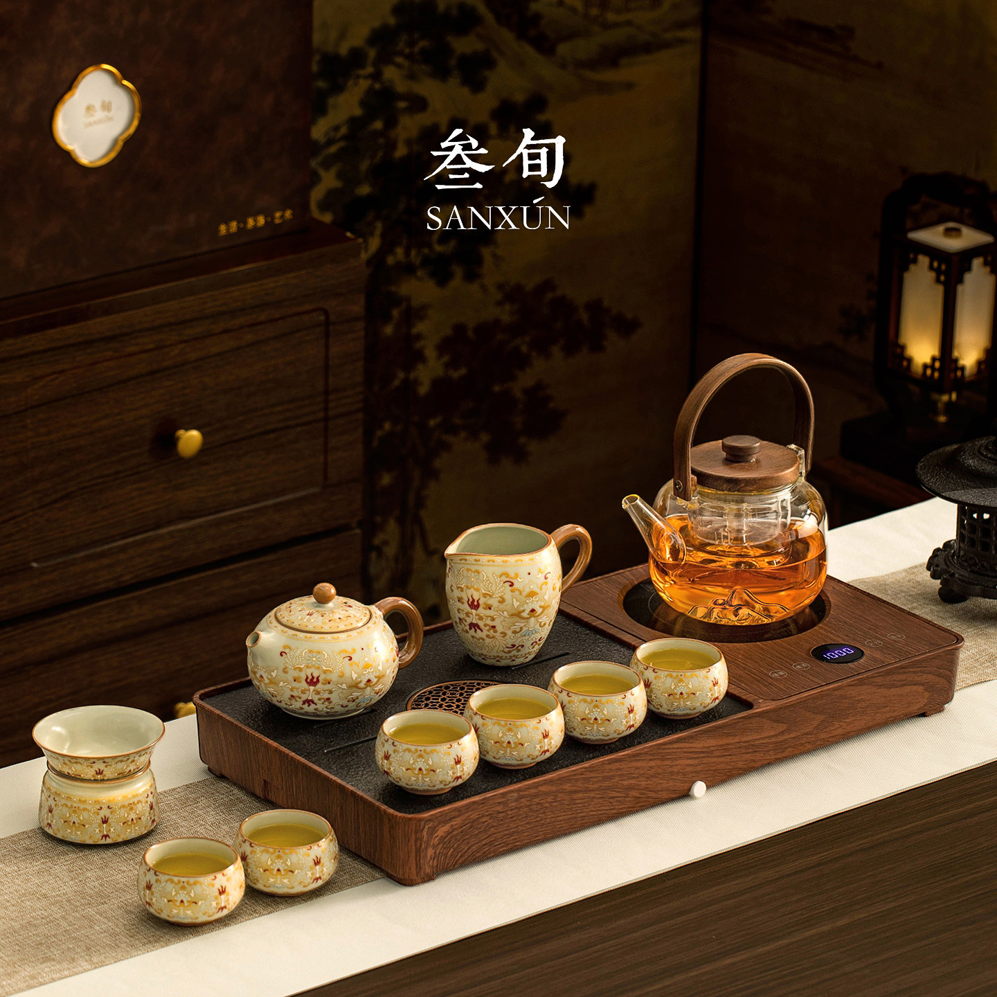 叁旬敦煌金银错汝窑西施泡茶壶茶具套装2026新款自动烧水一体茶盘