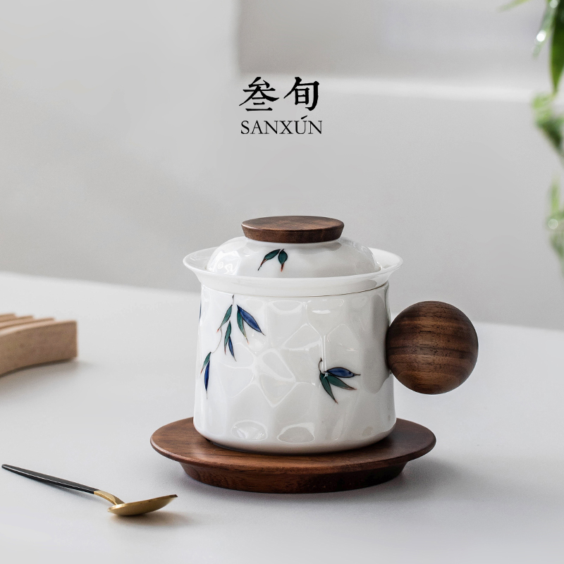 叁旬常青竹泡茶杯陶瓷个人专用办公室茶水分离水杯高颜值咖啡杯子