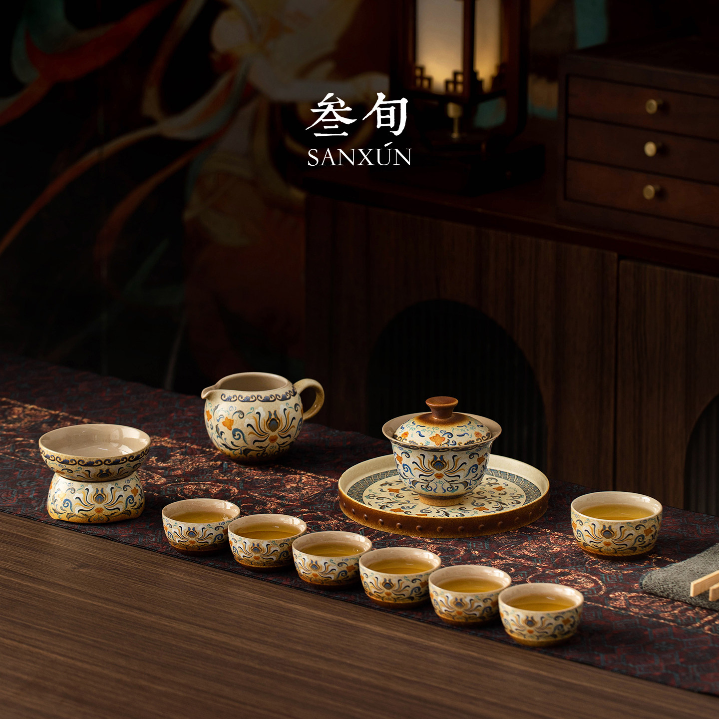 叁旬敦煌金银错缠枝纹三才盖碗茶具套装2026新款家用高档功夫茶具图片