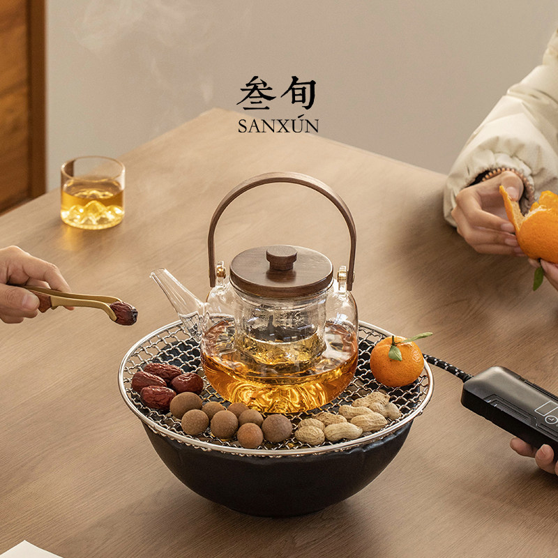 叁旬围炉煮茶家用室内器具全套冬天烤火炉电陶炉玻璃煮茶壶煮茶器