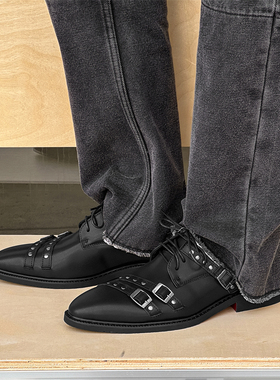朋克风DK尖头皮鞋男重金属小众设计个性机车男鞋情侣款粗跟休闲鞋