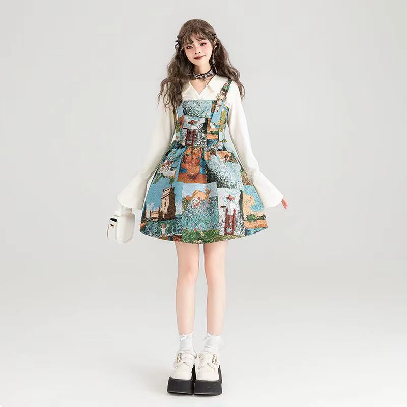高级感套装油画风背带连衣裙尖领长袖衬衫两件套女2024年春夏新款