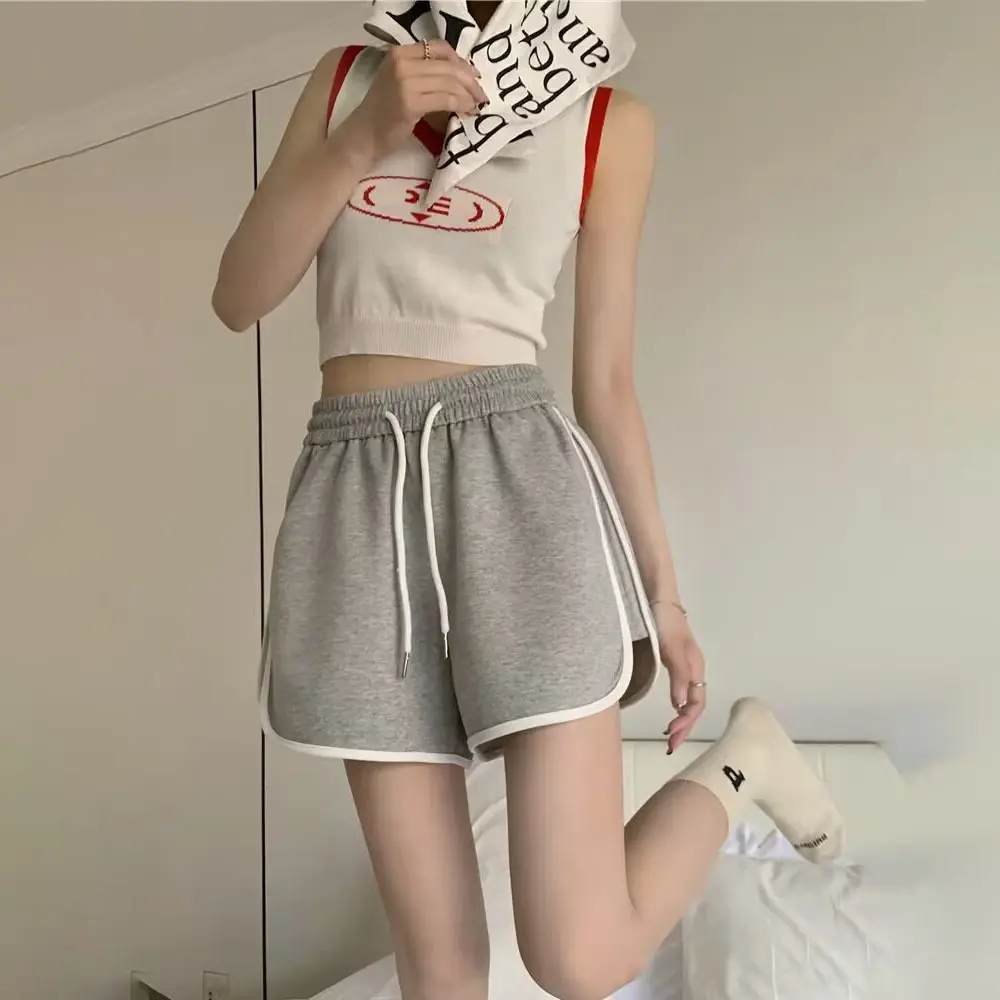 灰色短裤女休闲运动裤热裤运动短裤女款夏季松紧腰宽松阔腿裤裤子