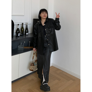 胖mm显瘦半身裙皮质直筒裙子 小胖噔 美式 开叉长款 皮裙女秋冬大码