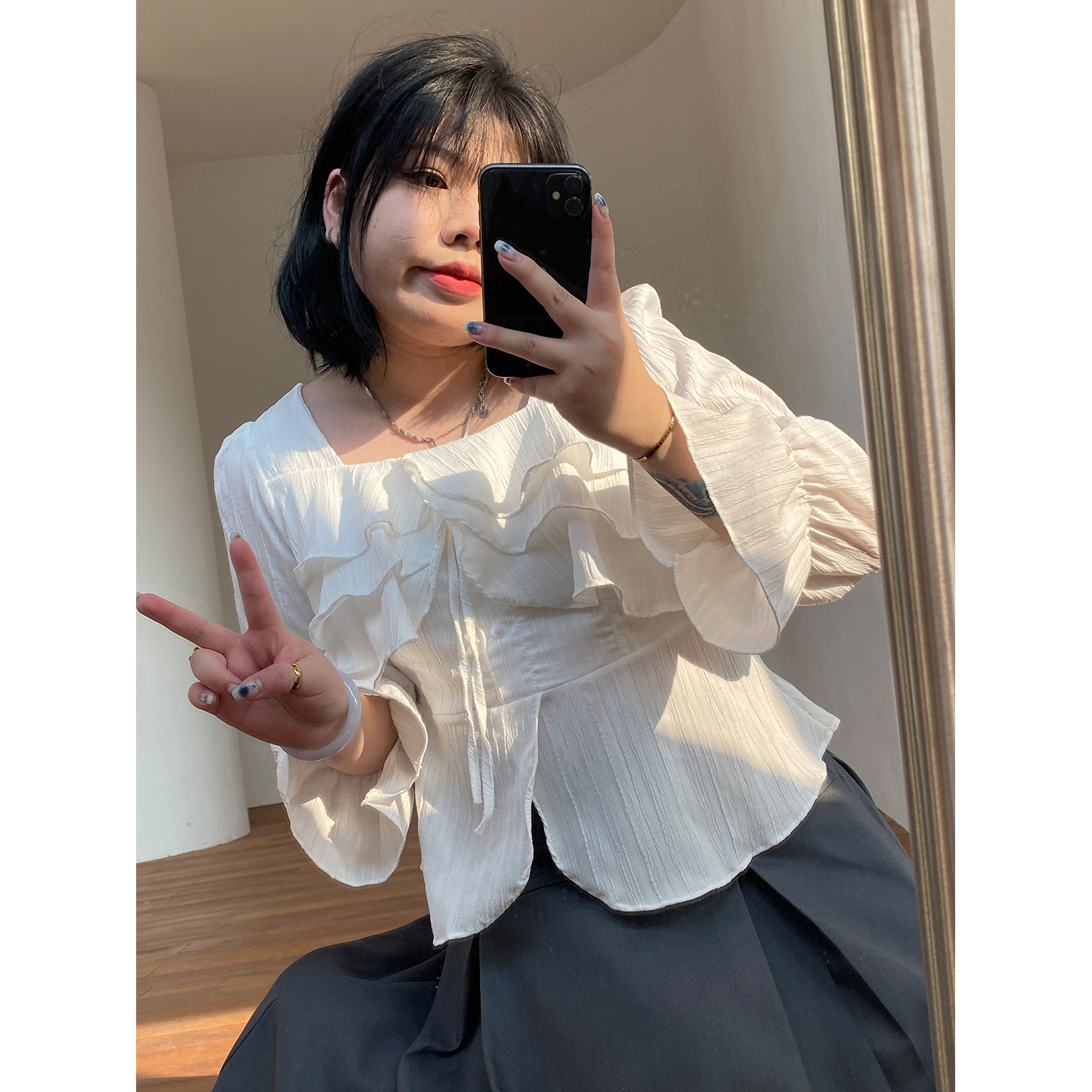 小胖噔 方领荷叶边雪纺衫女春季韩版胖mm宽松衬衣遮肚子打底上衣