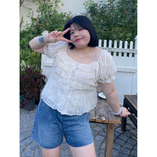 衬衫 胖mm微胖宽松大码 小胖噔白色褶皱短袖 女夏季 上衣 显瘦短款 半袖