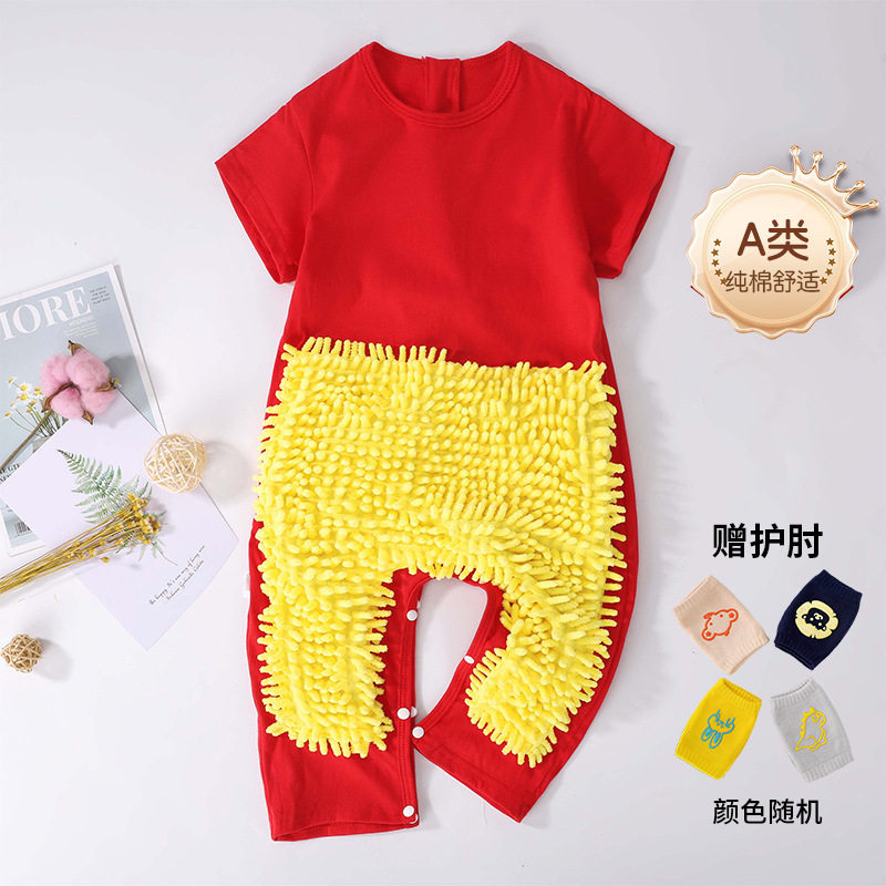 秋季薄款婴儿短袖连体衣拖把侠爬行服宝宝拖地爬爬服擦地板防脏款