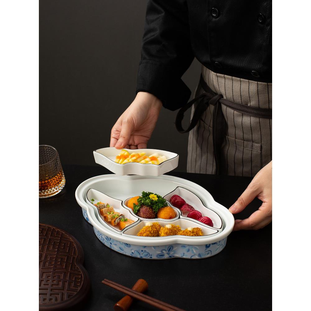 酒店中式特色烤鸭料碟小吃五格冷菜拼盘餐具旦形陶瓷分隔食盒果盘