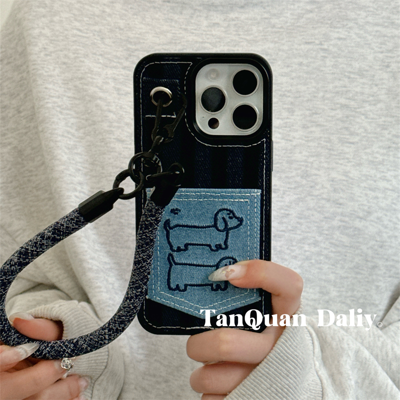 ins小众牛仔腊肠狗卡包带挂绳适用iphone16pro手机壳苹果15promax新款14女13刺绣14pro创意个性13pro全包软壳